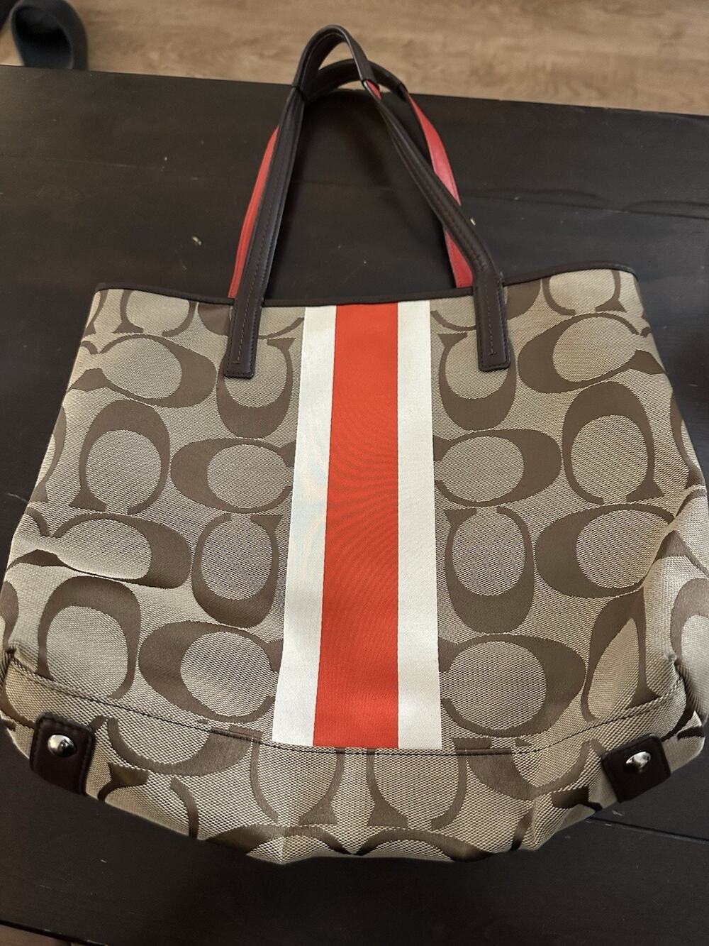 Coach Signature Logo Tote Zip Top Beige/Brown Red Stripe Silver Hardware